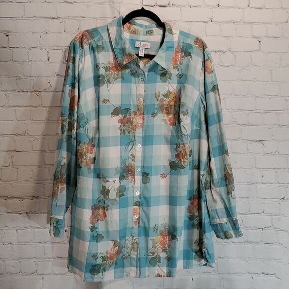 d&co. Checked floral plus size 2X button front shirt - Picture 1 of 9